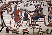 Frankreich, Calvados, Bayeux, Wandteppichmuseum, Bayeux Tapestry, von der UNESCO zum Weltkulturerbe erklärt, Königin Mathilde-Wandteppich, der die Geschichte der Invasion Englands durch Wilhelm den Eroberer erzählt, die Szenen des Bayeux Tapestry sind mit Wollfäden auf ein Leinentuch gestickt