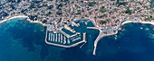 France, Vendee, Yeu island, Port Joinville, the harbour and the town (aerial view)