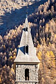 France, Hautes Alpes, Écrins National Park, Champsaur Valley, Orcieres Merlette, bell tower of the village church of Prapic