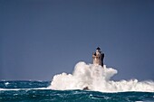 France, Finistere, Porspoder, Landunvez, Presqu'île de Saint Laurent, Chenal du Four, The Four lighthouse under storm, Historical monument classified