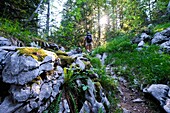 France, Haute Savoie, Le La Balme de Thuy, hiker walking up to Tête Noire