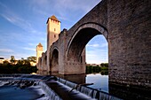 France, Quercy, Lot, Cahors, The Valentre bridge above Lot river, dated 14 th. century, on world heritage list of UNESCO