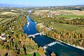 France, Ain, Franco Franco bridge between Chancy and Pougny on the Rhone (aerial view)