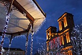 France, Territoire de Belfort, Belfort, Place d Armes, kiosk, Saint Christophe cathedral dated 18th century, Christmas lights