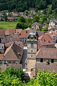 France, Haute Saone, Melisey, les milles etangs, the village of Faucogney et la Mer and saint Georges Church seen from the belvedere of the castle