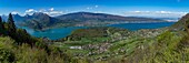 France, Haute Savoie, Lake Annecy, Talloires, the bay and the massif of Bauges seen by the site of Planfait