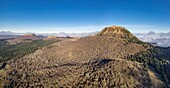 France, Puy de Dome, Orcines, Regional Natural Park of the Auvergne Volcanoes, listed as World Heritage by UNESCO, the Chaine des Puys (aerial view)