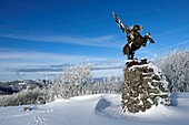 France, Territoire de Belfort, Ballon d'Alsace, summit (1241 m), statue of Jeanne d Arc, view on the Ballon de Servance, snow, winter