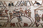 France, Calvados, Bayeux, Tapestry Museum, Bayeux Tapestry, listed as World Heritage by UNESCO, Queen Mathilde Tapestry telling the story of England's invasion by William the Conqueror , the scenes of the Bayeux Tapestry are embroidered with woollen threads on a linen canvas