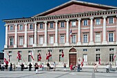 France, Savoie, Chambery, demonstration with flags of the cross of Savoie for free Savoie in front of the Chambery courthouse