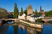 France, Bas Rhin, Strasbourg, old town listed as World Heritage by UNESCO, Petite France District, defensive towers of the covered bridges and Notre Dame Cathedral in the background
