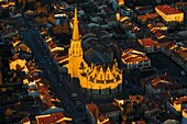 France, Pyrenees, Ariege, Mirepoix, listed as Grands Sites of Midi-Pyrenees, Classified Grands Sites of Midi-Pyrénées, aerial view at sunrise of the town of Mirepoix and its cathedral