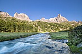 France, Hautes Alpes, Nevache, La Claree valley, la Claree river with in the background the massif of Cerces (3093m) and the peaks of the Main de Crepin (2942m)