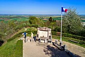 France, Meuse, Lorraine Regional Park, Cotes de Meuse, Les Eparges, traces of fighting of one of the bloodiest battles of the First World War, shell holes and point X Monument in memory of Those who have no grave (aerial view)