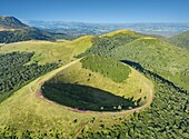 France, Puy de Dome, Orcines, Regional Natural Park of the Auvergne Volcanoes, the Chaîne des Puys, listed as World Heritage by UNESCO, Puy Pariou volcano (aerial view)