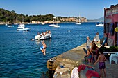 France, Var, the Rade (Roadstead) of Toulon, cap Brun, water activities in the harbor of the small houses of Mejean cove