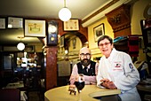 France, Rhone, Lyon, Cafe du Jura, Brigitte Josserand chef and his son