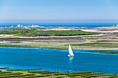 Frankreich, Finistère (29), Pays des Abers, Côte des Legendes, l'Aber Wrac'h, Lilia-Archipel und der Leuchtturm der Insel Wrac'h im Hintergrund