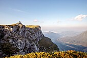 France, Drome, Vercors Regional Natural Park, hiker on the crest path of the Font d'Urle plateau overlooking the Diois