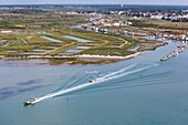 France, Charente Maritime, Le Chateau d'Oleron, oyster boats in Ors channel (aerial view)