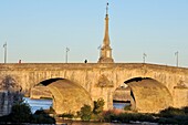 France, Loir et Cher, Valley of the Loire listed as World Heritage by UNESCO, Blois, Jacques Gabriel bridge on the Loire and its inaugural plaque and commemorative