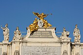 France, Meurthe et Moselle, Nancy, Place Stanislas or former Place Royale built by Stanislas Leszczynski, King of Poland and last Duke of Lorraine in the eighteenth century, listed as World Heritage by UNESCO, Arc Héré drawn by Emmanuel Héré, details of the statues on the theme war and peace