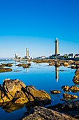 France, Finistere, Penmarc'h, Pointe de Penmarc'h, Penmarc'h and Eckmuhl lighthouses and the semaphore