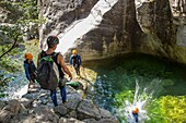 France, Corse du Sud, Bocognano, the canyon of the Richiusa, jump in the basins emerald color