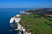 France, Seine Maritime, Etretat, the golf course and the cliffs (aerial view)