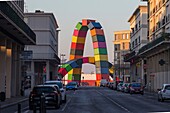 Frankreich, Seine Maritime, Le Havre, von der UNESCO zum Weltkulturerbe erklärt, Southampton-Kai, die ikonische Catene de Containers von Vincent Ganivet