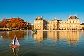 France, Paris, Luxembourg Garden in autumn, the basin and the palace of the Senate