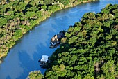 France, Bouches du Rhone, Regional Natural Park of Camargue, Arles, Salin de Giraud, islet in the Rhone, near the dyke of La Palissade (aerial view)