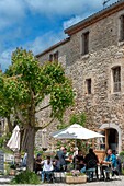 Frankreich, Aveyron, La Couvertoirade, Les Plus Beaux Villages de France (Die schönsten Dörfer Frankreichs), La Placette, Verbraucher auf der Terrasse eines Cafés auf einem Dorfplatz