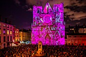 France, Rhone, Lyon, district of Vieux-Lyon, historical site listed as World Heritage by UNESCO, the Lyon Cathedral (Cathedrale Saint-Jean-Baptiste de Lyon) during the Fete des Lumieres (Light Festival), show Pigments De Lumière of Nuno Maya and Carole Purnelle