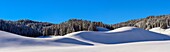 Frankreich, Jura, GTJ große Überquerung des Jura auf Schneeschuhen, Panoramablick auf die abgerundeten Formen des Juraplateaus, Reliefs werden durch die Schneehöhe auf der Seite der Moussières aufgeweicht