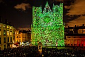 France, Rhone, Lyon, district of Vieux-Lyon, historical site listed as World Heritage by UNESCO, the Lyon Cathedral (Cathedrale Saint-Jean-Baptiste de Lyon) during the Fete des Lumieres (Light Festival), show Pigments De Lumière of Nuno Maya and Carole Purnelle