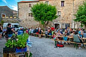 France, Aveyron, La Couvertoirade, labelled Les Plus Beaux Villages de France (The Most beautiful Villages of France), La Placette, organic market on a place of village