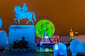 France, Rhone, Lyon, historical site listed as World Heritage by UNESCO, equestrian statue of Louis XIV on place Bellecour (Bellecour Square) during the Fete des Lumieres (Light Festival), show Une Petite Place Pour de Grands Reves of Moetu Battle and David Passegand