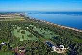 France, Calvados, Colleville sur Mer, the american cemetery and the D day landing beach of Omaha Beach (aerial view)