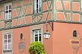 France, Haut Rhin, Route des Vins d'Alsace, Colmar, facade of a half timbered house in trompe l'oeil on Place de l'Ancienne Douane (former custom square)