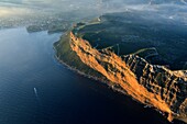 France, Bouches du Rhone, Calanques National Park, Cassis, Cassis Bay, Cap Canaille, Soubeyranes Cliffs (aerial view)