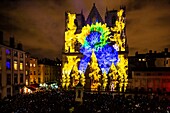 France, Rhone, Lyon, district of Vieux-Lyon, historical site listed as World Heritage by UNESCO, the Lyon Cathedral (Cathedrale Saint-Jean-Baptiste de Lyon) during the Fete des Lumieres (Light Festival), show Pigments De Lumière of Nuno Maya and Carole Purnelle