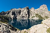 France, Haute Corse, Corte, Restonica Valley, Regional Natural Park overlooking Capitello Lake and the tip of 7 lakes