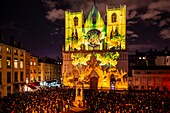 France, Rhone, Lyon, district of Vieux-Lyon, historical site listed as World Heritage by UNESCO, the Lyon Cathedral (Cathedrale Saint-Jean-Baptiste de Lyon) during the Fete des Lumieres (Light Festival), show Pigments De Lumière of Nuno Maya and Carole Purnelle