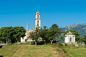 France, Haute Corse, the perched village of Prunelli di Fiumorbo, the church of St. Mary