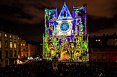 France, Rhone, Lyon, district of Vieux-Lyon, historical site listed as World Heritage by UNESCO, the Lyon Cathedral (Cathedrale Saint-Jean-Baptiste de Lyon) during the Fete des Lumieres (Light Festival), show Pigments De Lumière of Nuno Maya and Carole Purnelle