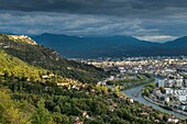 France, Rhone Alpes, Isere, Grenoble city, Bastille, Chartreuse, Vercors and Belledonne mountains at the back