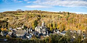 France, Puy de Dome, Auvergne Volcanoes Regional Nature Park, Monts Dore mountain range, Orcival, 12th century Notre Dame d'Orcival basilica, octagonal bell tower of the Romanesque basilica and rooftops of village houses