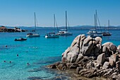 France, Corse du Sud, Bonifacio, Lavezzi Islands, natural reserve of the mouths of Bonifacio, many sailboats wet in creeks with turquoise water