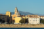 Frankreich, Corse du Sud, Ajaccio, Strand, Altstadt und der Kirchturm der Kathedrale vom Meer aus gesehen